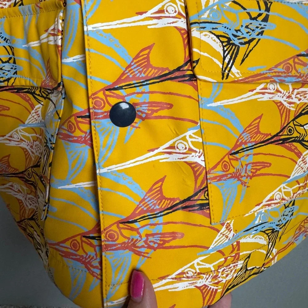 Hartstrings Raincoat Kids Size 4 Yellow Marlin Fish Print Hooded Jacket Snap Up